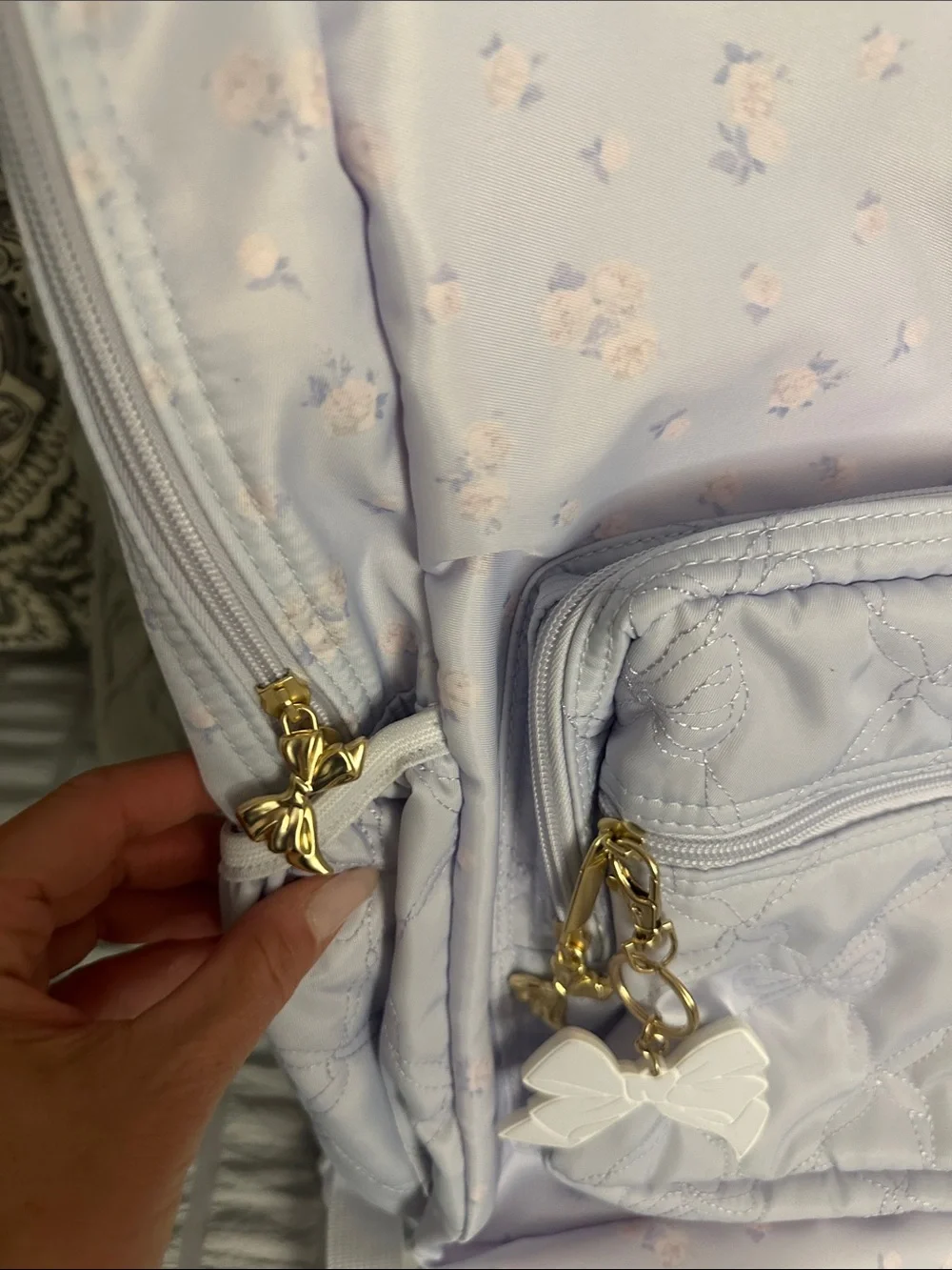 LoveShackFancy Lavender Quilted Floral Backpack with Bow Charm
